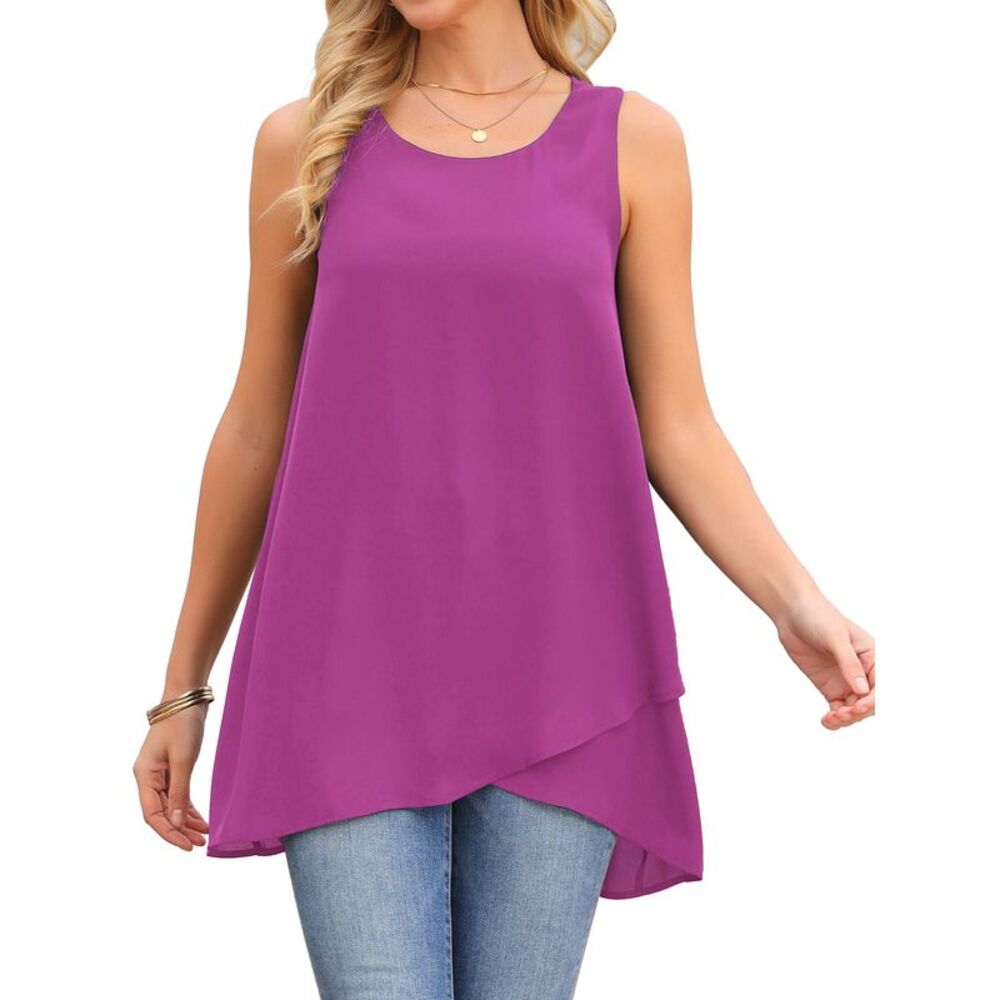 Women's High Low Top Sleeveless Chiffon Blouse Crewneck Summer Tops Dark Purple